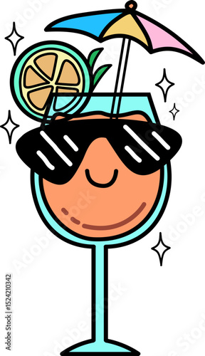 Retro groovy Cocktail with Sunglasses Flat Vector Illustration