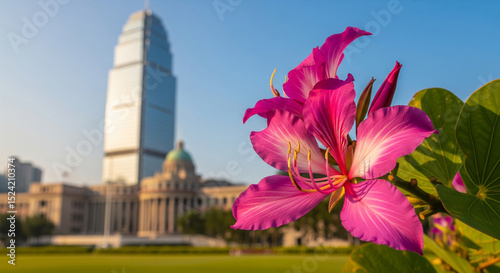 Pink Flower with City Skyline Background