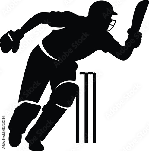 A silhouette of a cricket player batting with protective gear near wickets in a dynamic pose action