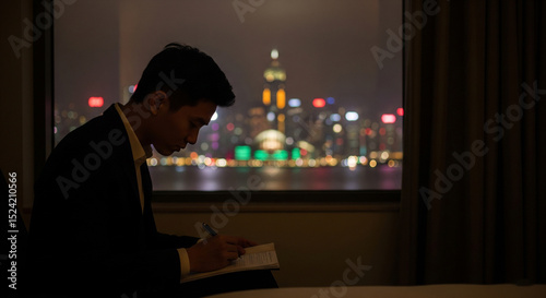 Contemplative Man Writing at Night