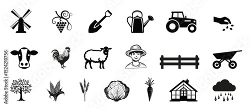 Agricultural icons in black and white representing farming and rural life