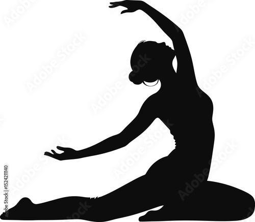 Silhouette of a woman in a yoga pose with one leg bent and arms raised in a graceful stretch position