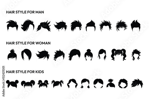 Hair style collection for man woman kids silhouette fashion modern haircut grooming beauty design icon vector illustration set bundle.