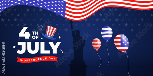 4th of July social media banner with USA flag, balloons and fireworks | Independence Day web header and patriotic ad design