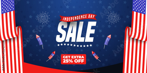 Independence Day sale social media banner with USA flag and fireworks | 4th of July patriotic promotion ad design