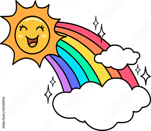 Retro groovy Cartoon Sun, Rainbow and Clouds Illustration