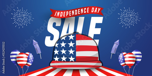 Independence Day sale social media banner with USA flag, top hat, and fireworks | 4th of July patriotic promotion ad design