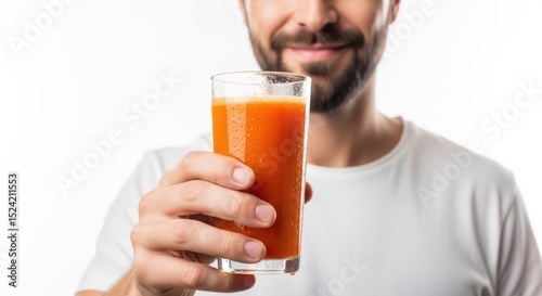 Smiling man presents a vibrant glass of fresh orange juice with a white background