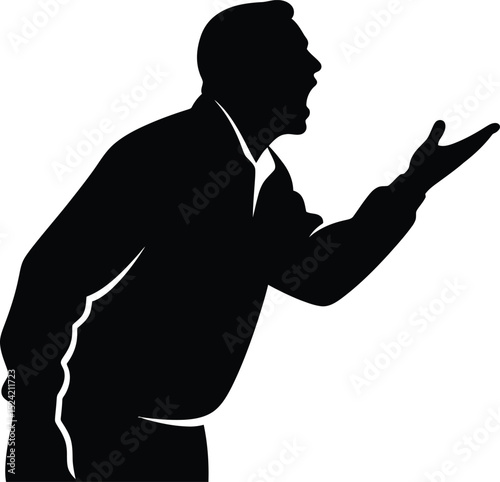 A silhouette of a man gesturing with his hand while yelling and expressing frustration or anger loudly