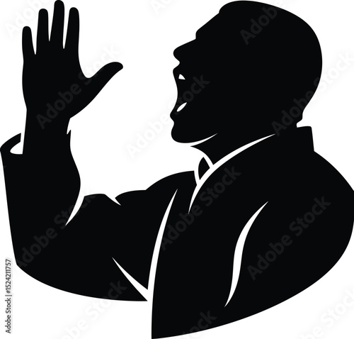 Silhouette of a man with raised hand and open mouth, side profile against a white background vector