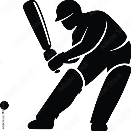 A black silhouette of a cricket batsman poised to strike a ball with a bat in a dynamic stance