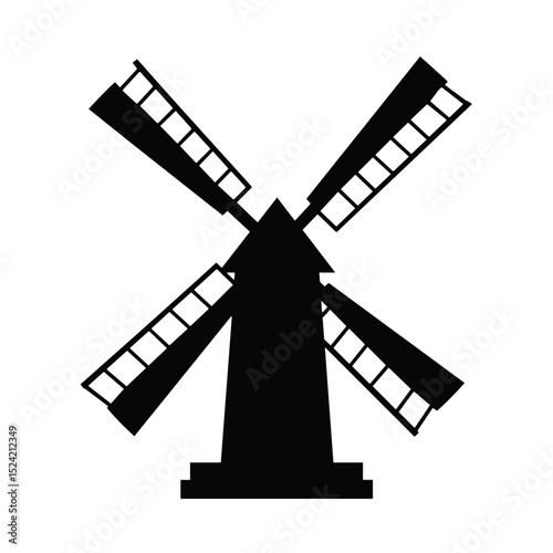 Black and white silhouette of a traditional windmill with rotating blades on a transparent background