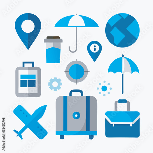 Flat design vacation icons with suitcase and globe 