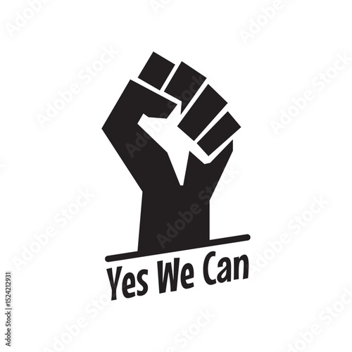 Yes We Can vector poster with raised up hand. Powerful fist hand symbol with yes we can motivational typography vector template