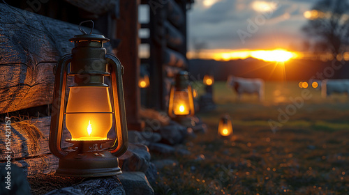 Illuminating Evening Chores: Lantern Lit Barn Ambiance