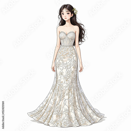 Girl Wearing White Maxi Dress With Intricate Floral Lace Patterns Covering, Entire Dress.eps