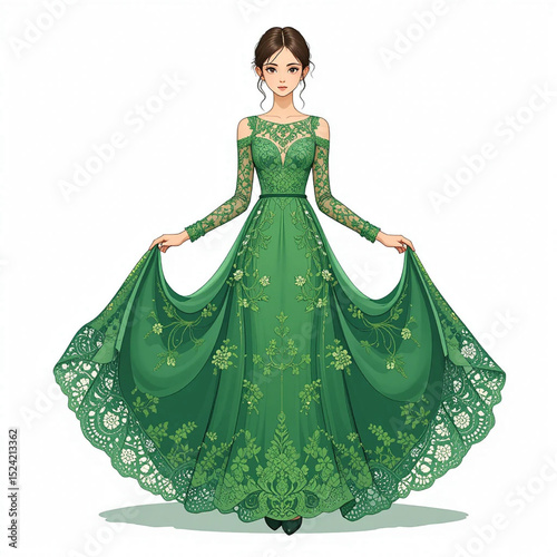 Girl Wearing Green Maxi Dress With Intricate Floral Lace Patterns Covering, Entire Dress.eps