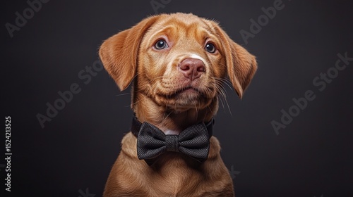 Wallpaper Mural Adorable brown puppy with expressive eyes wea a black bow tie against a dark background perfect for pet themed projects and playful illustrations Torontodigital.ca