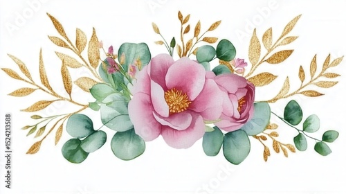 Watercolor floral bouquet with eucalyptus green leaves on white background