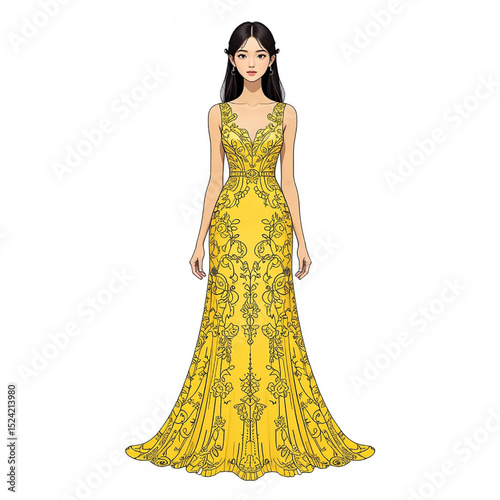 Girl Wearing Yellow Maxi Dress With Intricate Floral Lace Patterns Covering, Entire Dress.eps