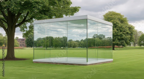 Modern Glass Pavilion in a Lush Green Landscape