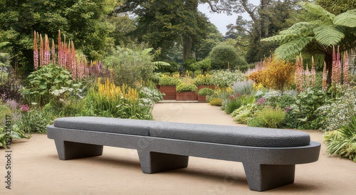 Modern Bench Amidst Vibrant Garden Flora