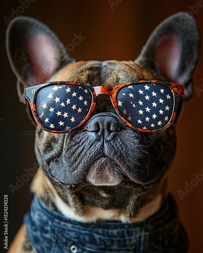 portrait of American patriotic dog in sunglasses