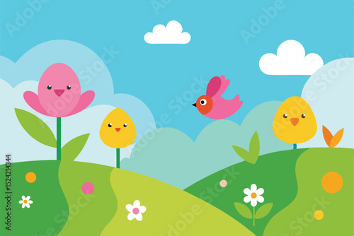 cheerful spring landscape for kids illustrated