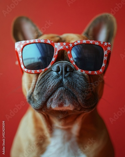 portrait of American patriotic dog in sunglasses