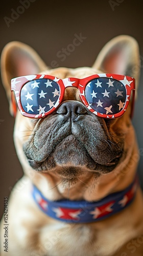 portrait of American patriotic dog in sunglasses