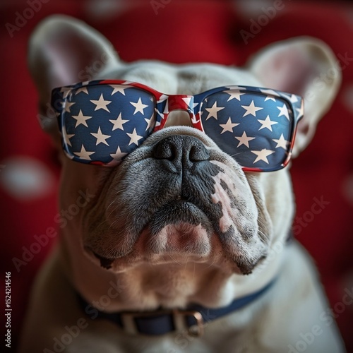 portrait of American patriotic dog in sunglasses