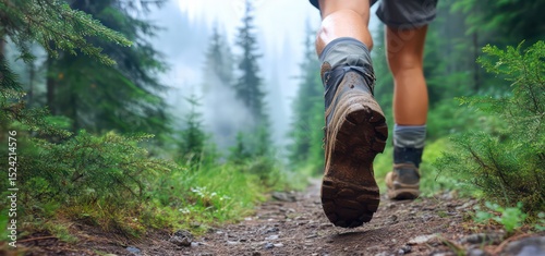 Close-up of hiker’s boots on forest trail with pine trees and misty background.