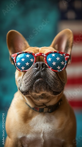 portrait of American patriotic dog in sunglasses