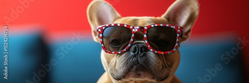 portrait of American patriotic dog in sunglasses