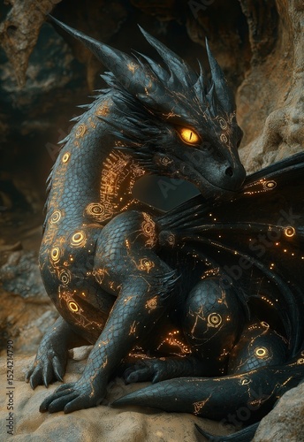 Black and gold mechanical dragon with glowing chains running along its body.