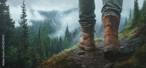 Close-up of hiker’s boots on forest trail with pine trees and misty background.