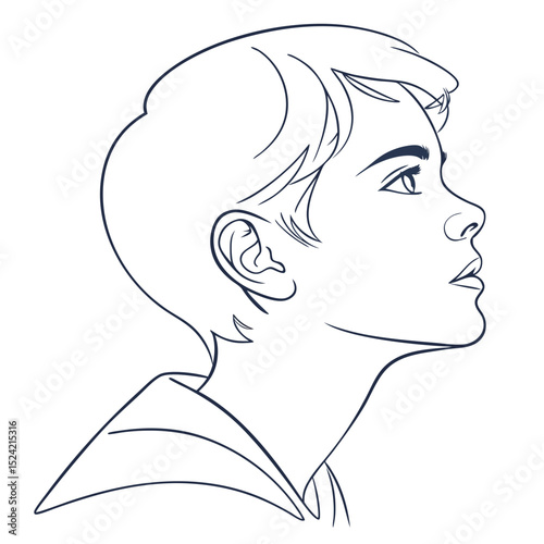 Line art illustration of young boy looking upward  