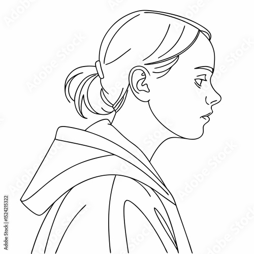 Simple line drawing of a young woman in a hoodie facing sideways  