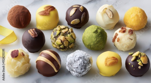 Assorted Gourmet Chocolate Truffles on Marble Surface