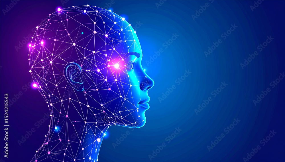 Fototapeta premium illustration of a futuristic AI face connected to neural networks, glowing digital lines, blue and purple tech color scheme, flat modern design, clean background-generative AI