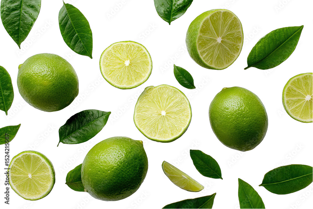 Fresh lime slices and leaves scattered on a black background Fresh lime slices and leaves scattered on a black background
