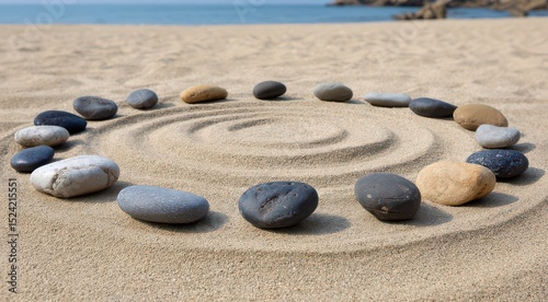 Tranquil Beach Stones in Circular Arrangement on Sand