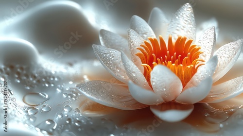 Close-up of lotus flower with dewdrops on soft petals against pure white background.