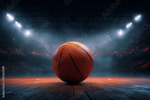 Basketball Court Spotlight Dramatic Image of a Basketball on Hardwood Floor