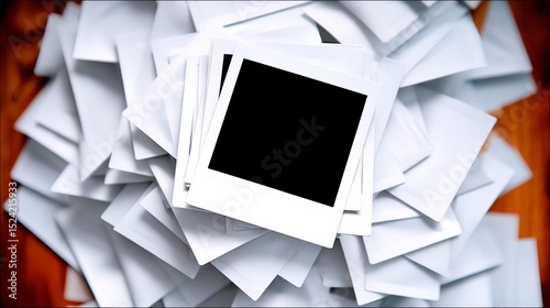 Chaotic Arrangement of Blank Instant Film Frames in a Disordered Stack on a Wooden Surface
