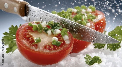 Fresh Tomato Slice with Knife and Herbs
