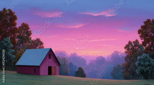 Serene Country Sunset with Colorful Sky and Barn