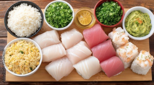Fresh Sushi Platter with Rice and Toppings 
