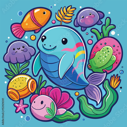 Cartoon marine life collection featuring fish, octopus, dolphin, turtle, and starfish in a seamless underwater pattern