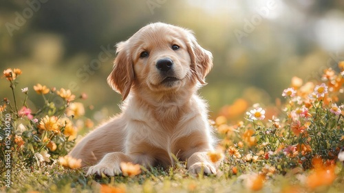 Adorable Golden Retriever puppy lying on grass among colorful flowers in a sunny garden du daytime, captu a cute, playful, and innocent pet scene